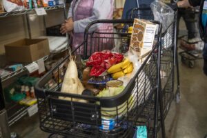 Photo of a grocery cart full of food.